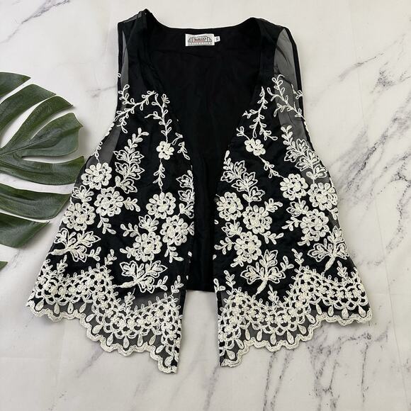 Rialto Womens Vintage 80s Embroidered Vest Size XS Black White Floral Sheer - Picture 1 of 10